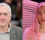 On the left, Robert De Niro in 2023 in a grey shirt and suit blazer. On the right, Airyn De Niro in a video posted to her Instagram account.