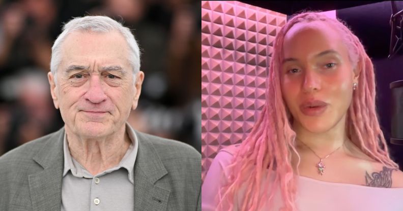 On the left, Robert De Niro in 2023 in a grey shirt and suit blazer. On the right, Airyn De Niro in a video posted to her Instagram account.