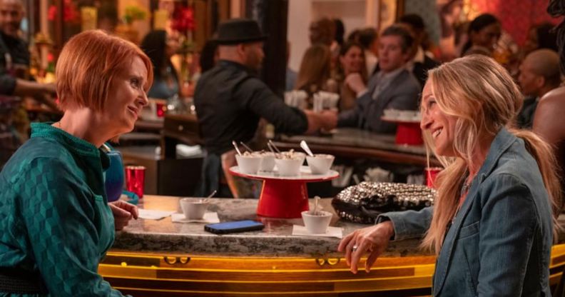 Cynthia Nixon and Sarah Jessica Parker as Miranda and Carrie in And Just Like That.