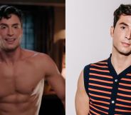 On the left, Benito Skinner shirtless standing in a doorway in a still from his new show Overcompensating. On the right, Benito Skinner in a white room in a striped armless tank top.