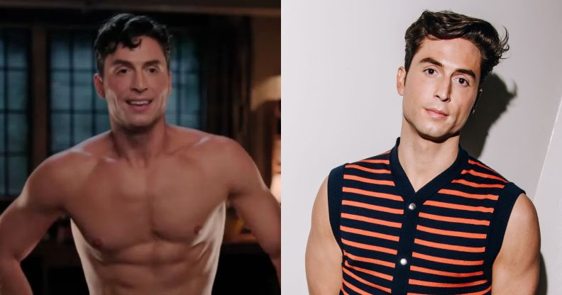 On the left, Benito Skinner shirtless standing in a doorway in a still from his new show Overcompensating. On the right, Benito Skinner in a white room in a striped armless tank top.