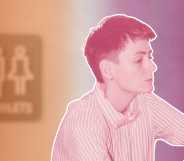 A lesbian woman in front of a blurry toilet sign