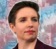 Green Party co-leader Carla Denyer appears in a graphic in front of a crowd of trans protesters, over laid with a hue or pink, white and blue