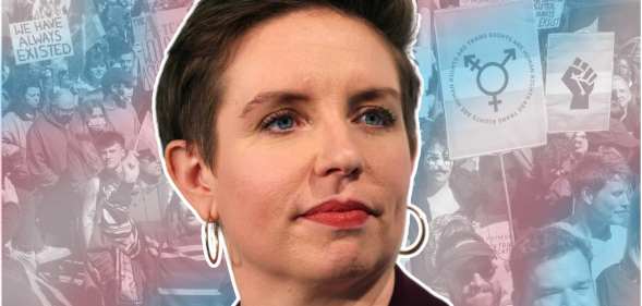 Green Party co-leader Carla Denyer appears in a graphic in front of a crowd of trans protesters, over laid with a hue or pink, white and blue