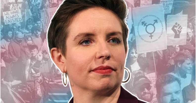 Green Party co-leader Carla Denyer appears in a graphic in front of a crowd of trans protesters, over laid with a hue or pink, white and blue