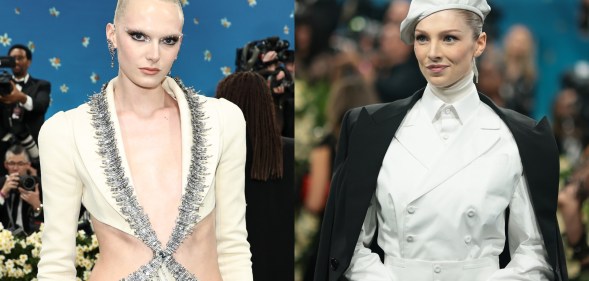 Alex Consani's debut at the Met Gala, wearing a Swarovski crystal-encrusted suitdress. And Hunter Schafer at the 2025 Met Gala, wearing a custom Prada black-and-white, multilayered suit.