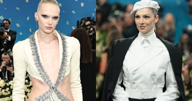Alex Consani's debut at the Met Gala, wearing a Swarovski crystal-encrusted suitdress. And Hunter Schafer at the 2025 Met Gala, wearing a custom Prada black-and-white, multilayered suit.
