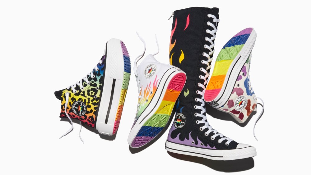 Converse‘s Proud to Be 2025 collection four shoes with rainbow flames and animal print.
