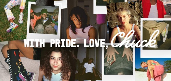 Composite image of Converse's 2025 Pride collection, featuring the phrase "With Pride, Love, Chuck"