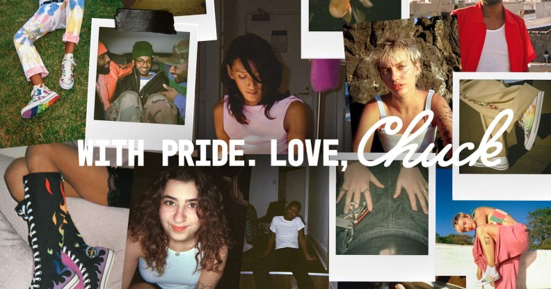 Composite image of Converse's 2025 Pride collection, featuring the phrase "With Pride, Love, Chuck"