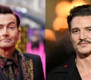 David Tennant (left) raises an eyebrow while staring at the camera on the BAFTA red carpet. He is in a gold and black blazer. On the right, Pedro Pascal poses at an event in a black and red blazer with his chest on show.