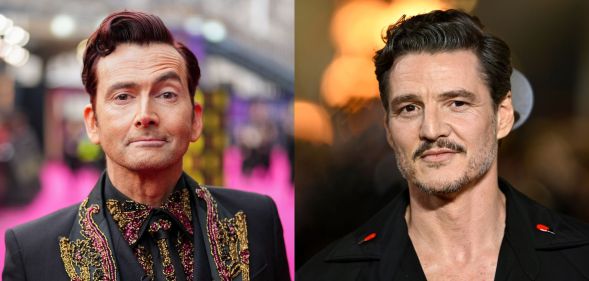 David Tennant (left) raises an eyebrow while staring at the camera on the BAFTA red carpet. He is in a gold and black blazer. On the right, Pedro Pascal poses at an event in a black and red blazer with his chest on show.