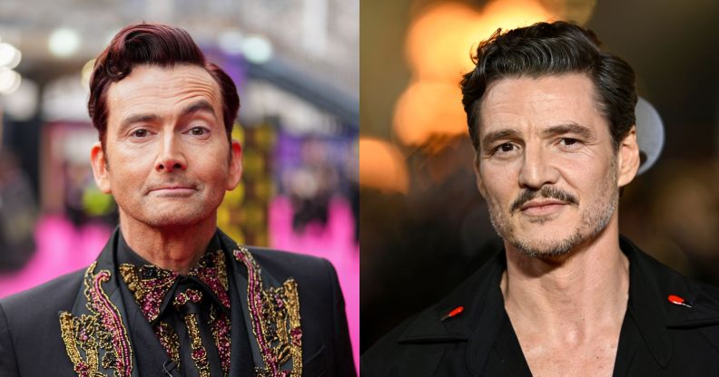 David Tennant (left) raises an eyebrow while staring at the camera on the BAFTA red carpet. He is in a gold and black blazer. On the right, Pedro Pascal poses at an event in a black and red blazer with his chest on show.