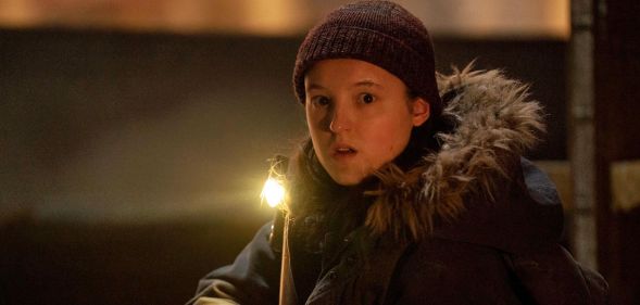 Bella Ramsey looking shocked while in character as Ellie in The Last of Us.