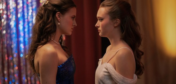 Fina Strazza and India Fowler in Fear Street: Prom Queen.