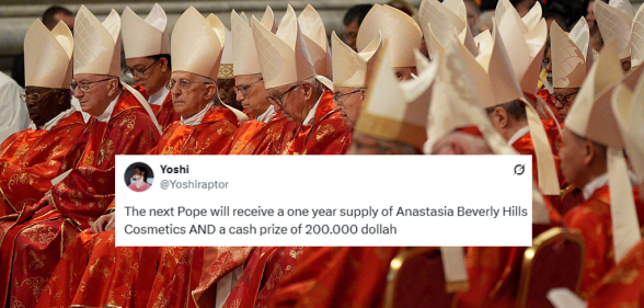 An image of the conclave of cardinals at the Vatican with a RuPaul's Drag Race joke superimposed on top