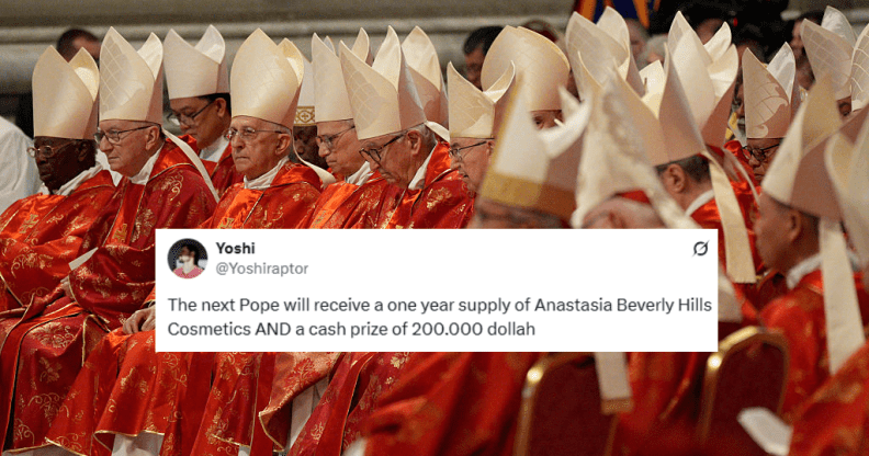 An image of the conclave of cardinals at the Vatican with a RuPaul's Drag Race joke superimposed on top
