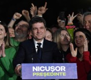 Presidential candidate Nicusor Dan speaks to media after polls closed for the second round of the country's presidential election redo in Bucharest, Romania on May 18, 2025.