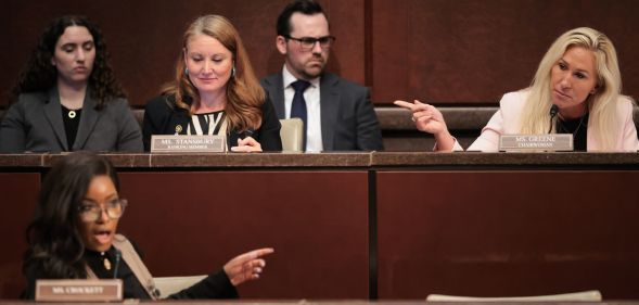 Jasmine Crockett and Marjorie Taylor Greene during the DOGE committee hearing.