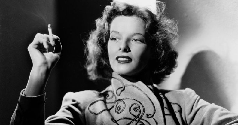 Actress Katharine Hepburn smoking a cigarette in 1935