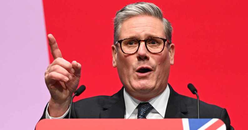 LIVERPOOL, ENGLAND - SEPTEMBER 24: Prime Minister Keir Starmer gestures as he delivers his keynote speech during the Labour Party conference at ACC Liverpool on September 24, 2024 in Liverpool, England. This is Labour's first conference since voters returned them as the governing party of The UK and Northern Ireland in the July election. The result ended 14 years of Conservative rule with a landslide majority of 172 seats. (Photo by Leon Neal/Getty Images)