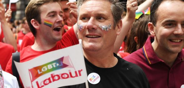 Keir Starmer in an LGBT+ Labour float during London Pride in 2022.