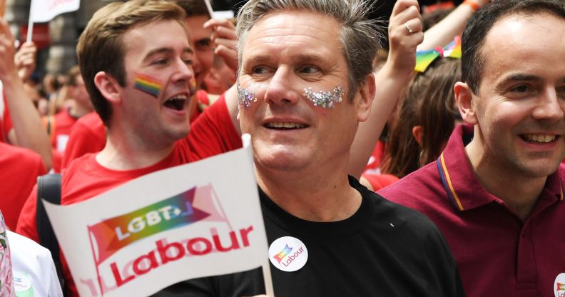 Keir Starmer in an LGBT+ Labour float during London Pride in 2022.