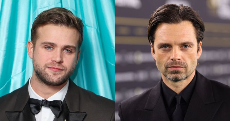 On the left, Leo Woodall poses in a red suit and tie and white shirt while stood against a blue curtain. On the left, Sebastian Stan poses against a blurred blue and yellow background while wearing a black shirt and blazer and looking stern.