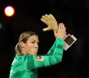 Mary Earps of England reacts after winning the golden glove during the FIFA Women's World Cup Australia & New Zealand 2023 Final