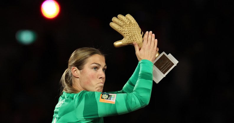 Mary Earps of England reacts after winning the golden glove during the FIFA Women's World Cup Australia & New Zealand 2023 Final