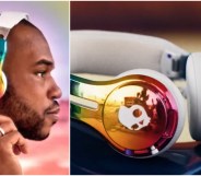 Composite image, left hand side shows man wearing rainbow coloured Skullcandy Pride 2025 headphones, right hand image is a close up of the headphones