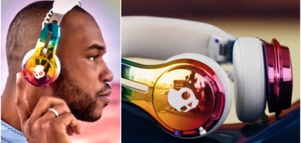 Composite image, left hand side shows man wearing rainbow coloured Skullcandy Pride 2025 headphones, right hand image is a close up of the headphones