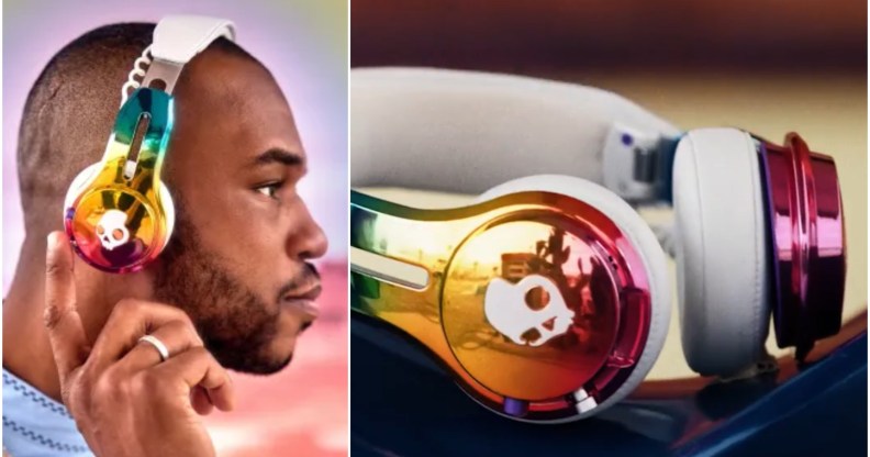 Composite image, left hand side shows man wearing rainbow coloured Skullcandy Pride 2025 headphones, right hand image is a close up of the headphones