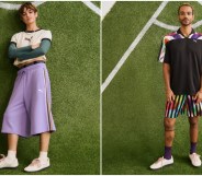 Two pictures of models wearing the 2025 Puma Pride collection against the backdrop of a football pitch