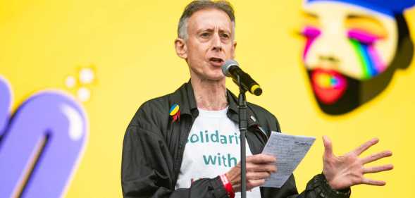 BRIGHTON, ENGLAND - AUGUST 03: Peter Tatchell delivers a speech during "Fabuloso - Pride In The Park" at Preston Park on August 03, 2024 in Brighton, England. (Photo by Lorne Thomson/Redferns)