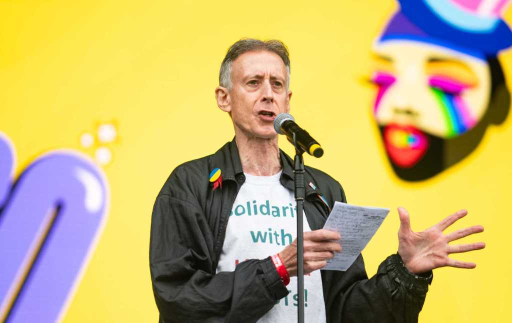 BRIGHTON, ENGLAND - AUGUST 03: Peter Tatchell delivers a speech during "Fabuloso - Pride In The Park" at Preston Park on August 03, 2024 in Brighton, England. (Photo by Lorne Thomson/Redferns)