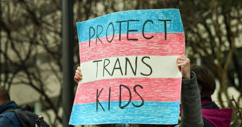 A person holds up a sign reading 'protect trans kids'.