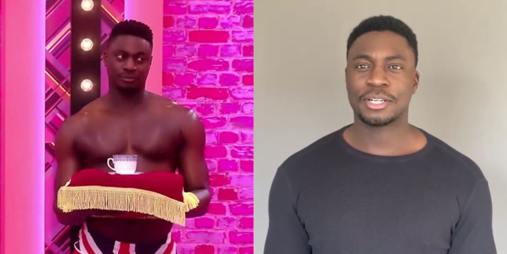On the left, AJ Bediako on RuPaul's Drag Race UK. On the right, AJ Bediako in a video from his Instagram.