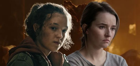 Bella Ramsey and Kaitlyn Dever in role as Ellie and Abby in The Last of Us against a fiery background.