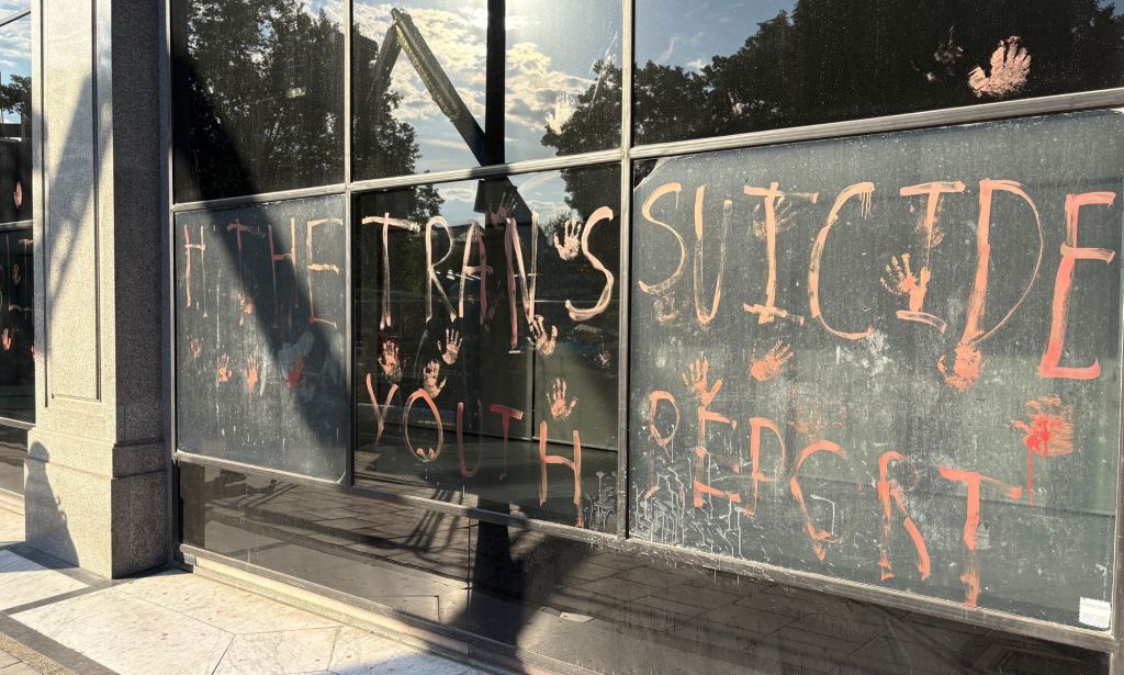 Graffiti across the NHS headquarters in Waterloo Road. 