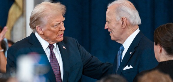 President-elect Donald J. Trump and President Joe Biden attend inauguration of Donald Trump as the 47th president of the United States takes place inside the Capitol Rotunda of the U.S. Capitol building in Washington, D.C., Monday, January 20, 2025. It is the 60th U.S. presidential inauguration and the second non-consecutive inauguration of Trump as U.S. president. (Photo by Kenny Holston/The New York Times / POOL / AFP)