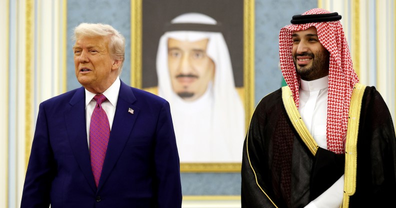 RIYADH, SAUDI ARABIA - MAY 13: U.S. President Donald Trump and Saudi Crown Prince Mohammed bin Salman interact with officials during a “coffee ceremony” at the Saudi Royal Court on May 13, 2025, in Riyadh, Saudi Arabia. Trump begins a multi-nation tour of the Gulf region focused on expanding economic ties and reinforcing security cooperation with key U.S. allies. (Photo by Win McNamee/Getty Images)