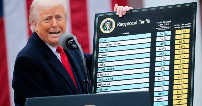 WASHINGTON, DC - APRIL 02: U.S. President Donald Trump holds up a chart while speaking during a “Make America Wealthy Again” trade announcement event in the Rose Garden at the White House on April 2, 2025 in Washington, DC. Touting the event as “Liberation Day”, Trump is expected to announce additional tariffs targeting goods imported to the U.S. (Photo by Chip Somodevilla/Getty Images)