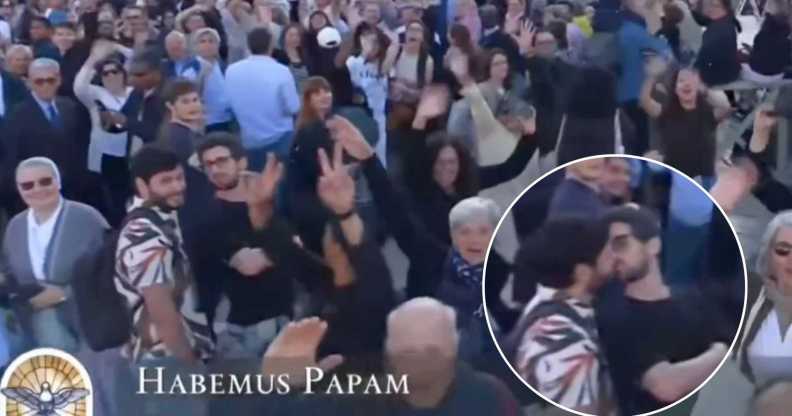 images taken from a clip of two men kissing outside the Vatican