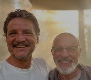 Pedro Pascal (L) and Joe Pantoliano (R) in a selfie against a sunset