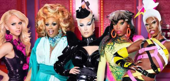 A graphic of Courtney Act, Peppermint, Plane Jane, Asia O'Hara and Luxx Noir London superimposed on to the Werk Room of RuPaul's Drag Race (World of Wonder)