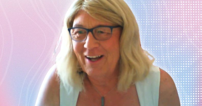 An edited picture of Anne Coombes over a trans gradient.