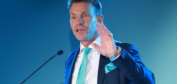PADDOCK WOOD, ENGLAND - MAY 02: David Bull addresses Reform UK supporters and the media as the party celebrates historic local election victories on May 02, 2025 in Paddock Wood, England. The Reform Party won the Runcorn by-election by a slim margin of six votes, taking the safe seat from Labour. They are picking up council seats across England from the Conservatives and Labour, and have installed a new Mayor in Greater Lincolnshire in last night's local elections. (Photo by Lia Toby/Getty Images)
