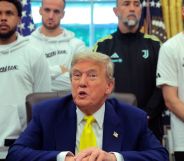 President Donald Trump delivers remarks as he hosts Juventus FC, an Italian professional soccer team, in the Oval Office at the White House on June 18, 2025
