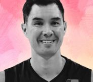 Erik Shoji edited into a pastel rainbow background.